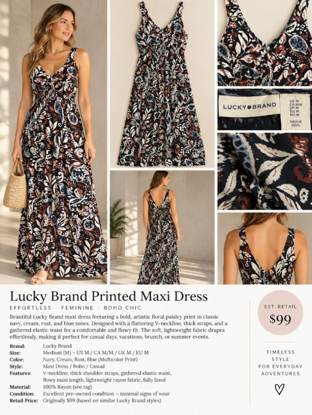 Lucky Brand Floral Paisley Boho Maxi Dress – Size Medium